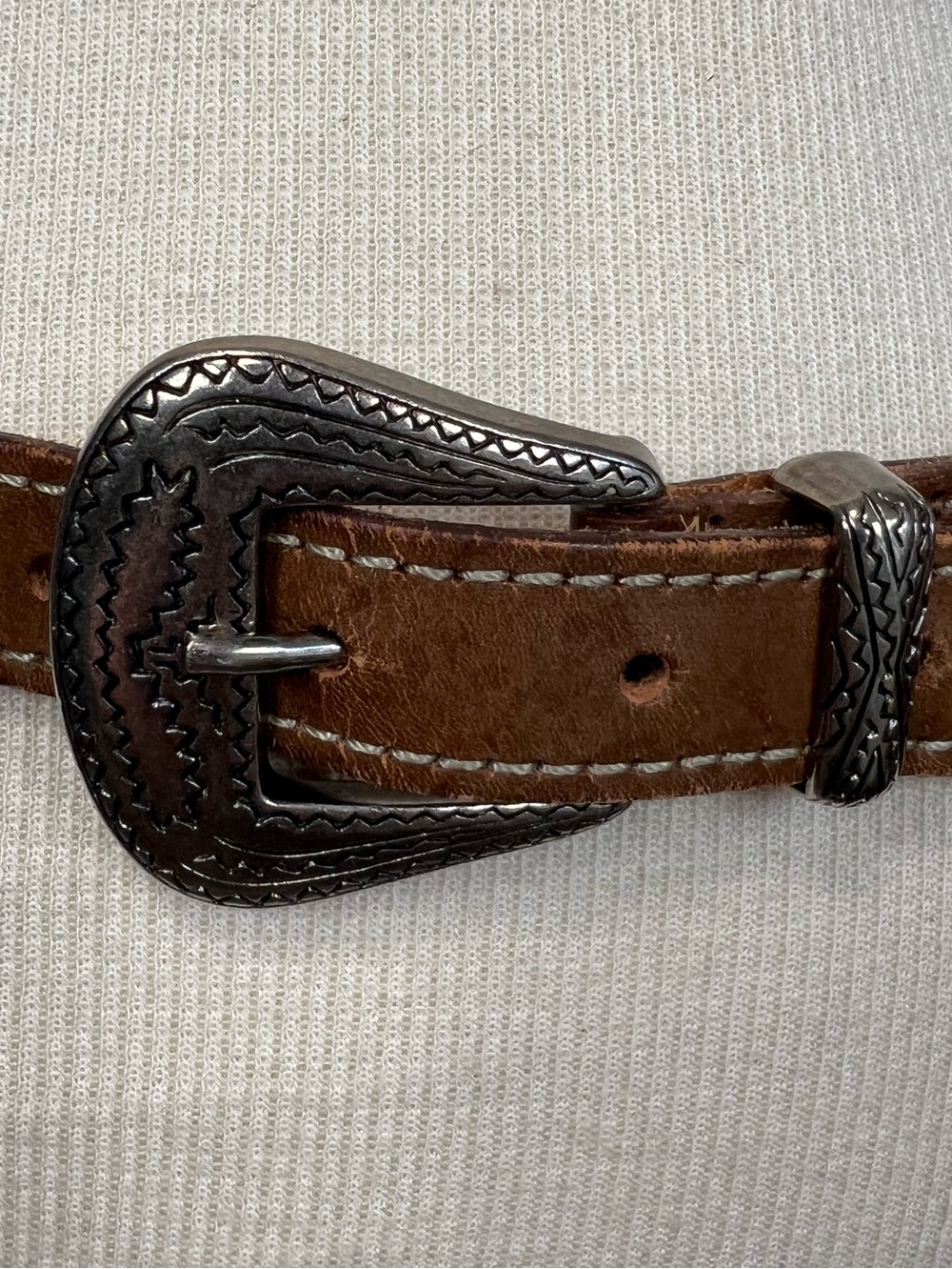 Brown Leather Western Belt with Silver Buckle - Picture 7 of 16